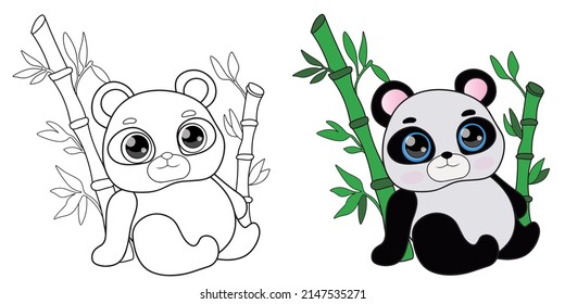 Coloring book with cute panda and reed, clipart, vector panda illustration.