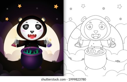 coloring book with a cute panda using costume witch halloween