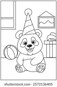 Coloring book cute panda wearing birthday hat