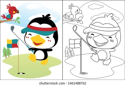 Coloring book of cute penguin cartoon playing golf, bird on tree branches