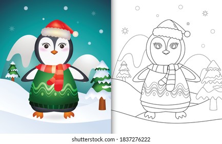 coloring book with a cute penguin christmas characters with a santa hat, jacket and scarf