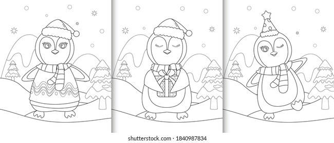 coloring book with cute penguin christmas characters