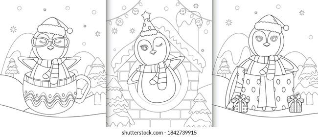 coloring book with cute penguin christmas characters 