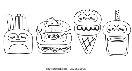 Coloring book.Set of cute penguin face head in food concept.Fastfood.Hamburger,fresh fried,ice cream,drink.Polar bird animal character cartoon.Painting book forkid.School.Page.Kawaii.Vector.