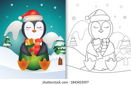 coloring book with a cute penguin hug christmas ball