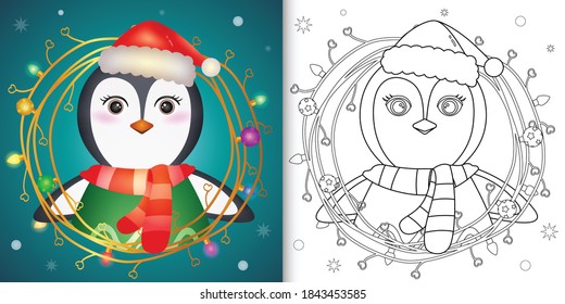coloring book with a cute penguin with twigs decoration christmas