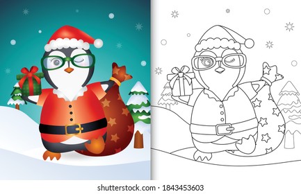 libro de colorear con un pingüino lindo usando el disfraz de la cláusula santa