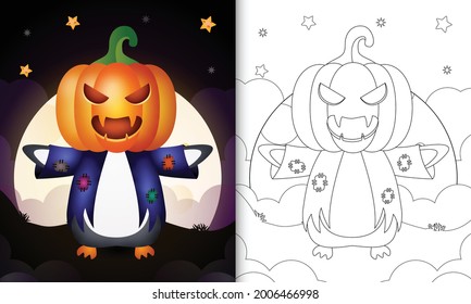 coloring book with a cute penguin using costume scarecrow and pumpkin halloween