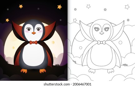 coloring book with a cute penguin using costume dracula halloween