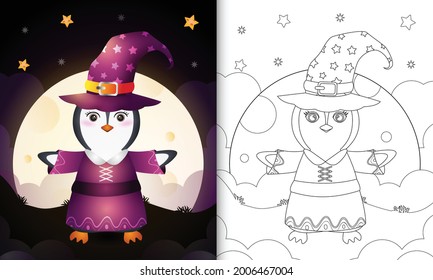coloring book with a cute penguin using costume witch halloween