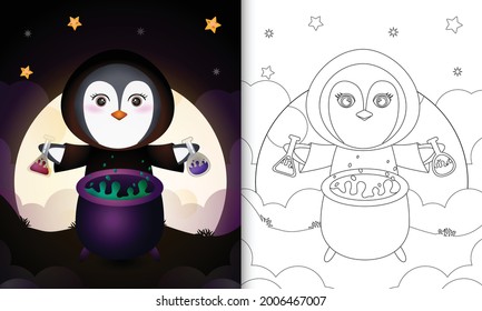 libro de colorear con un pingüino lindo usando halloween de brujas de disfraces