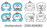 Coloring book.Set of cute penguin in various poses with cherry fruit.Polar bird animal character cartoon.Painting book for kid.School.Page.Kawaii.Vector.Illustration.