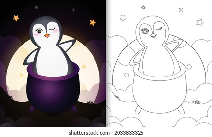 coloring book with a cute penguin in the witch cauldron