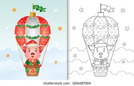 coloring book with a cute pig christmas characters on hot air balloon with a santa hat, jacket and scarf