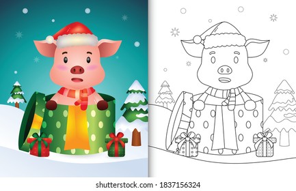 coloring book with a cute pig christmas characters using santa hat and scarf in the gift box