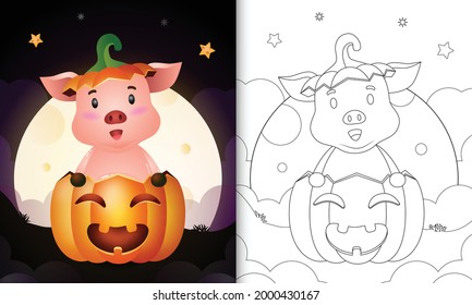 coloring book with a cute pig in the halloween pumpkin