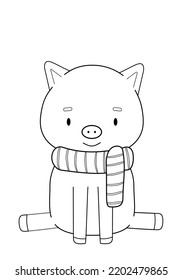 coloring book with a cute pig in a striped scarf