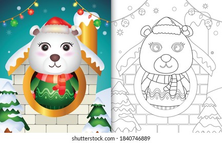 coloring book with a cute polar bear christmas characters using santa hat and scarf inside the house