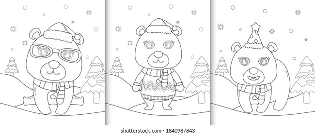 coloring book with cute polar bear christmas characters
