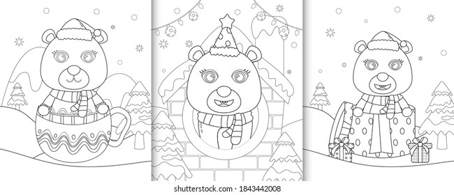 coloring book with cute polar bear christmas characters