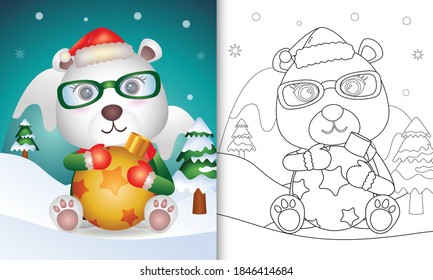 coloring book with a cute polar bear hug christmas ball