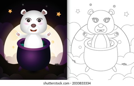 coloring book with a cute polar bear in the witch cauldron