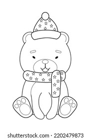 coloring book with a cute polar bear in a hat and scarf with stars