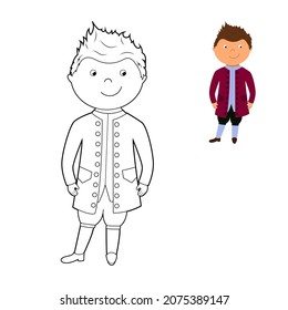 coloring book, cute prince, boy in fancy dress. vector illustration isolated on a white background
