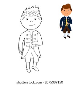 coloring book, cute prince, boy in fancy dress. vector illustration isolated on a white background