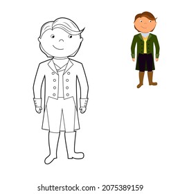 coloring book, cute prince, boy in fancy dress. vector illustration isolated on a white background