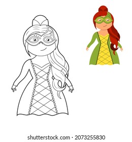 a coloring book, a cute princess in a dress, a mask and a crown. vector cartoon illustration isolated on a white background