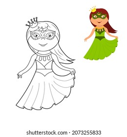 a coloring book, a cute princess in a dress, a mask and a crown. vector cartoon illustration isolated on a white background