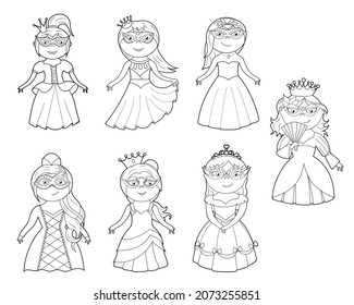 a coloring book, a cute princess in a dress, a mask and a crown. vector cartoon illustration isolated on a white background