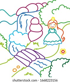Coloring book of cute princess walks alone near the waterfall