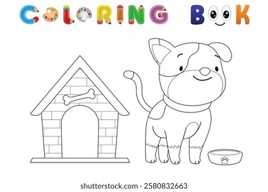 Coloring book of cute pupy with kennel and bowl, vector catoon illustration