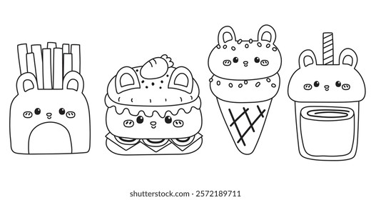 Coloring book.Set of cute rabbit bunny in food concept.Fastfood.Hamburger,fresh fried,ice cream,drink.Rodent animal character cartoon.Painting book for kid.School.Page.Kawaii.Vector.Illustration.