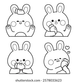 Coloring book.Set of cute rabbit with carrot in various poses.Easter.Rodent pet farm animal cartoon.Painting book for kid.School.Page.Kawaii.Vector.Illustration.