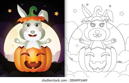coloring book with a cute rabbit in the halloween pumpkin