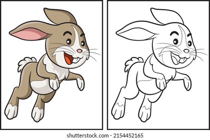 Coloring book cute rabbit. Coloring page and colorful clipart character. Vector cartoon illustration.