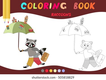 Coloring book. Cute raccoon - architect. Cartoon vector illustration for children education.