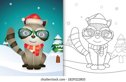 coloring book with a cute raccoon christmas characters with using santa hat and scarf