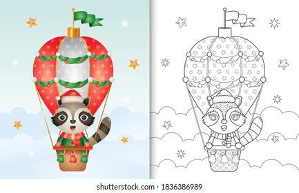 coloring book with a cute raccoon christmas characters on hot air balloon with a santa hat, jacket and scarf