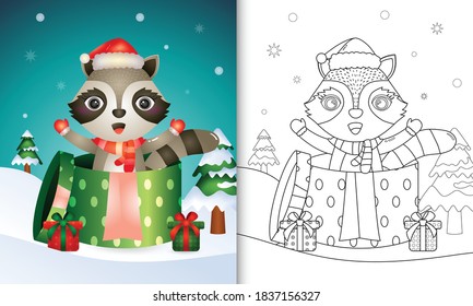 coloring book with a cute raccoon christmas characters using santa hat and scarf in the gift box
