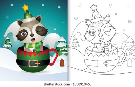 coloring book with a cute raccoon christmas characters with a hat and scarf in the elf cup
