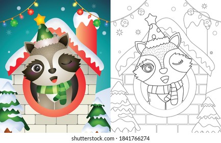 coloring book with a cute raccoon christmas characters using hat and scarf inside the house