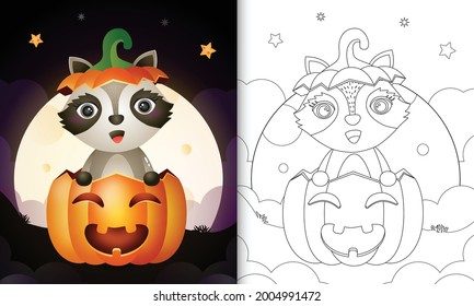 coloring book with a cute raccoon in the halloween pumpkin