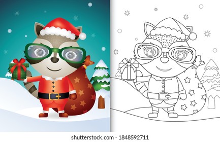 coloring book with a cute raccoon using santa clause costume