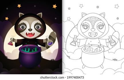 coloring book with a cute raccoon using costume witch halloween