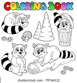 Coloring book with cute racoons - vector illustration.