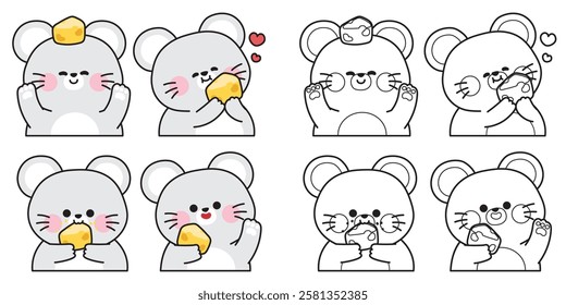 Coloring book.Set of cute rat in various poses with cheese.Mouse.Rodent animal character cartoon.Painting book for kid.School.Page.Kawaii.Vector.Illustration.